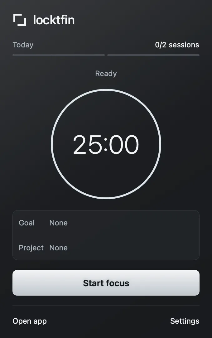 Native locktfin menu-bar timer with daily session progress and example goal and project.