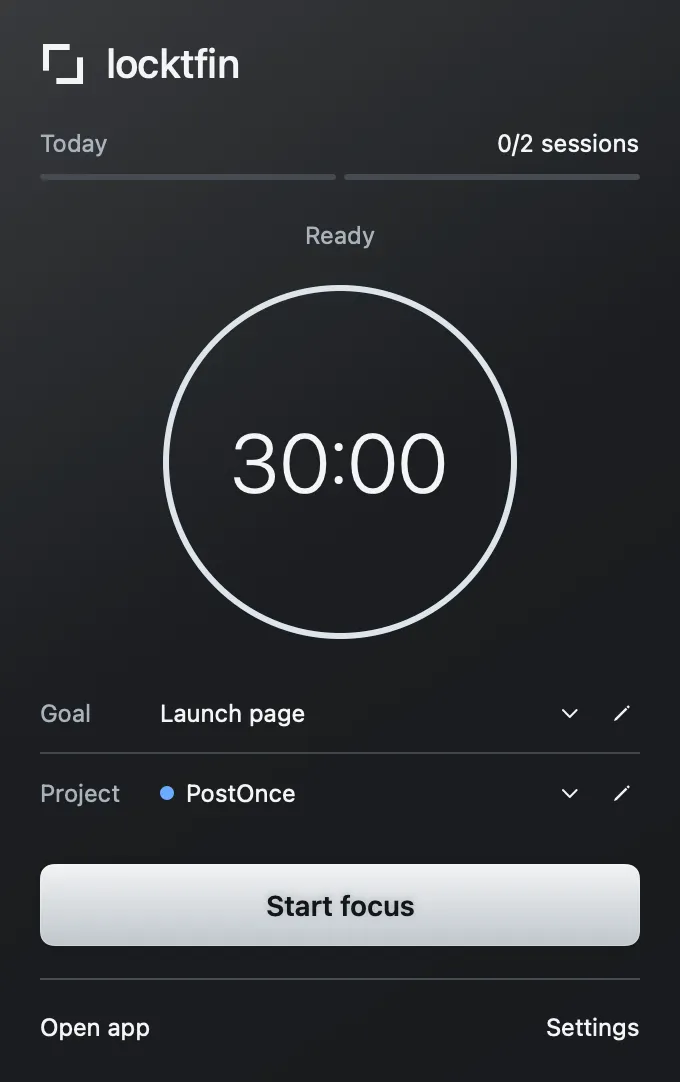 Native locktfin menu-bar timer with daily session progress and example goal and project.